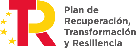 Logo del Plan de Recuperación, Transformación y Resiliencia de España, que incluye las letras "R" y "T" en colores rojo y amarillo, junto a estrellas que representan la Unión Europea.